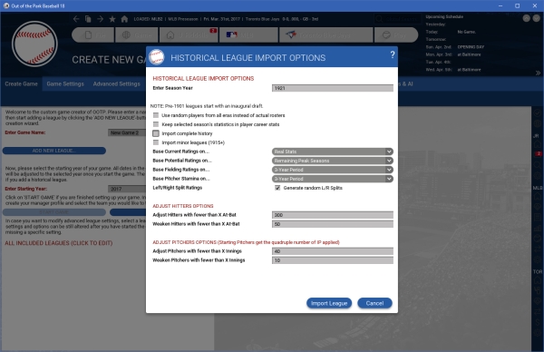 Historical League Import Options