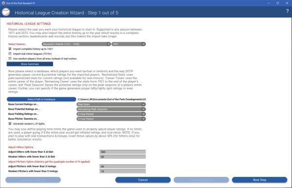 Historical Wizard Advanced Options