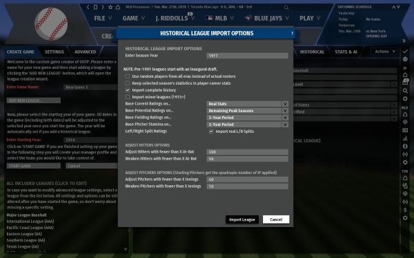 Historical League Import Options